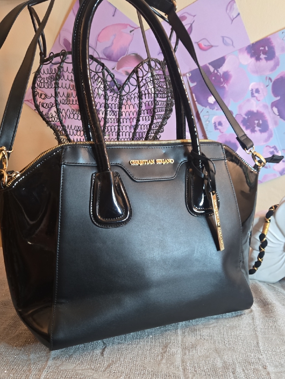 Christian Siriano Black Patent Trim Satchel with Gold Hardware